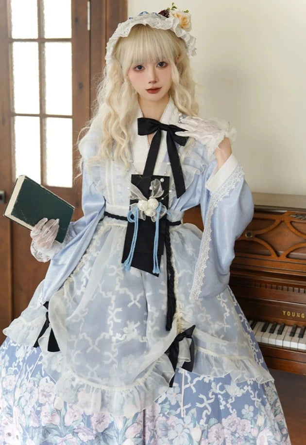 椿の花咲く庭 和風アリスのエプロン付きメイド服
