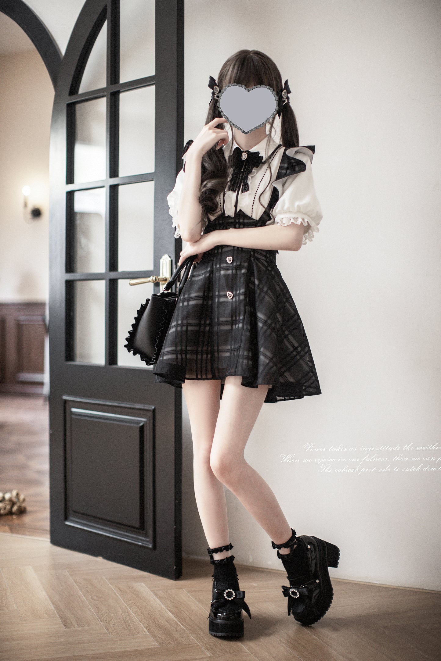 Monochrome Heart チェック柄ジャンパースカートセット・ショート丈