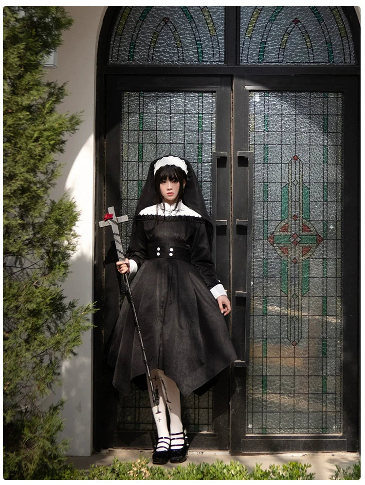 Nun style stand up collar gothic dress