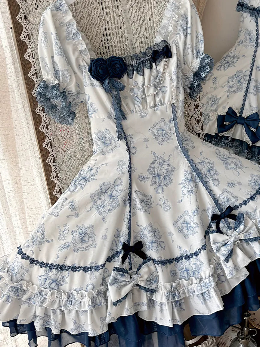 Blue Floral Rose プリントワンピース