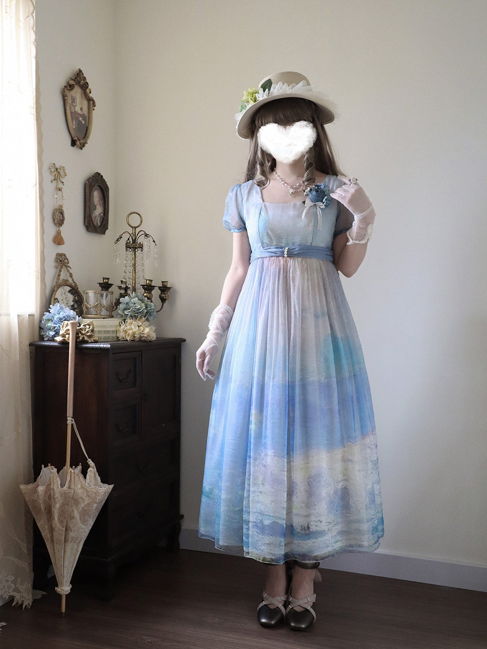 【予約販売】Elegance Greek 油彩画風プリントエンパイアワンピース・新色