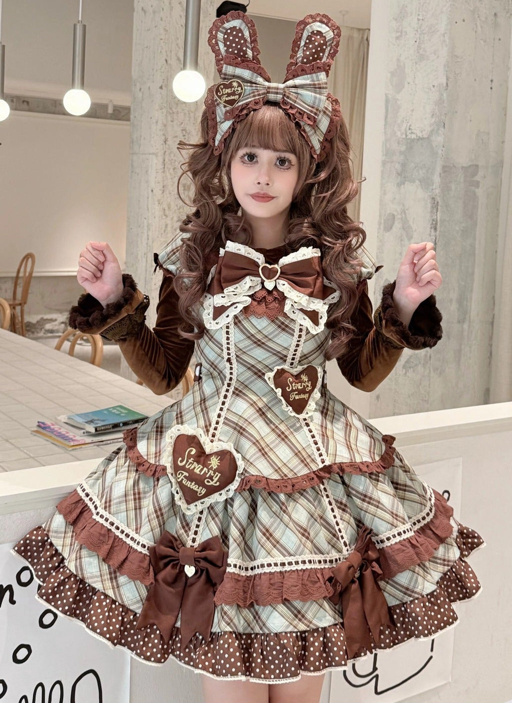 【受注予約11/13まで】Velvet Sweetie Heart チェックの半袖ワンピース・ブラウン