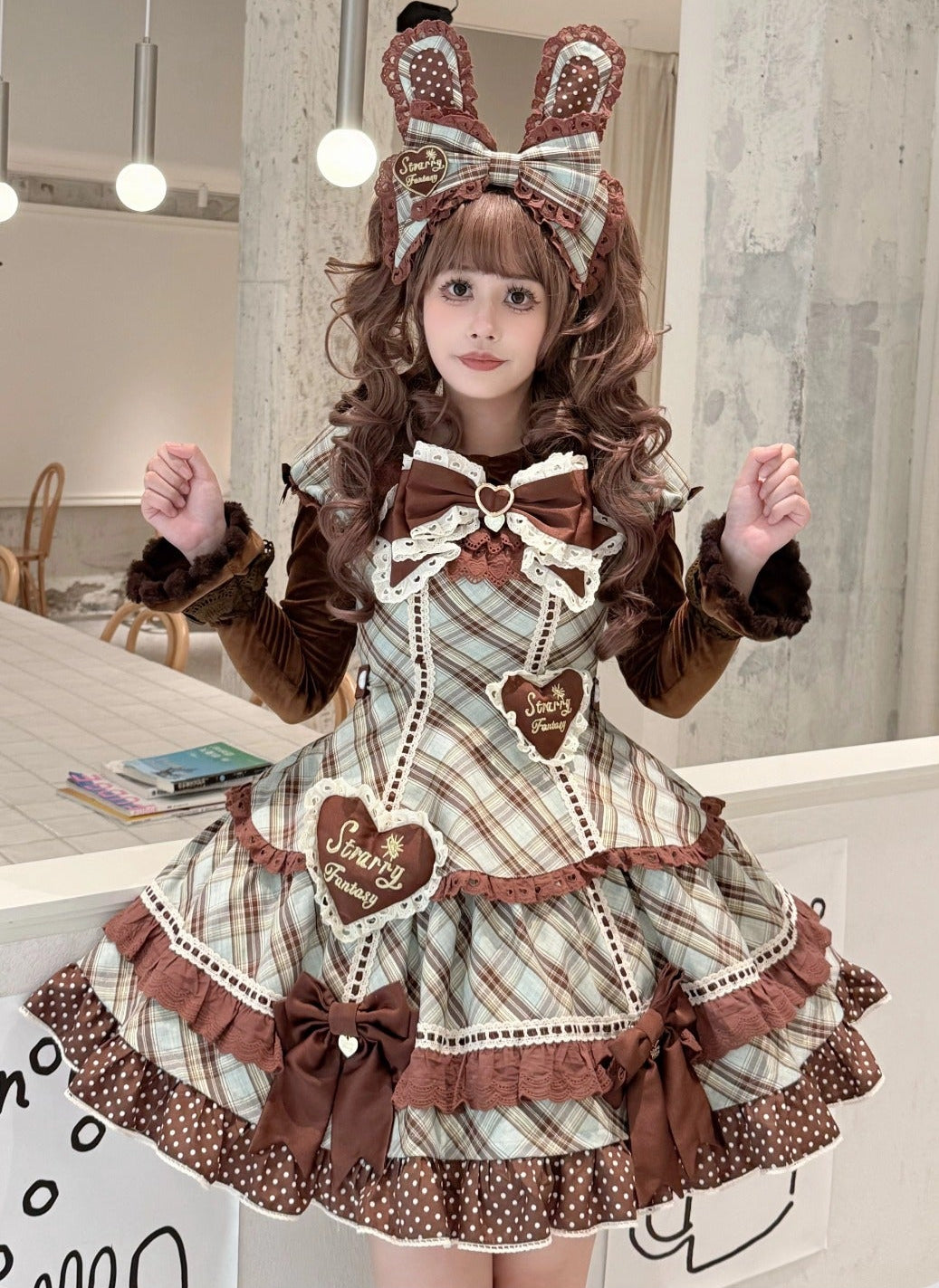 【受注予約11/13まで】Velvet Sweetie Heart チェックの半袖ワンピース・ブラウン