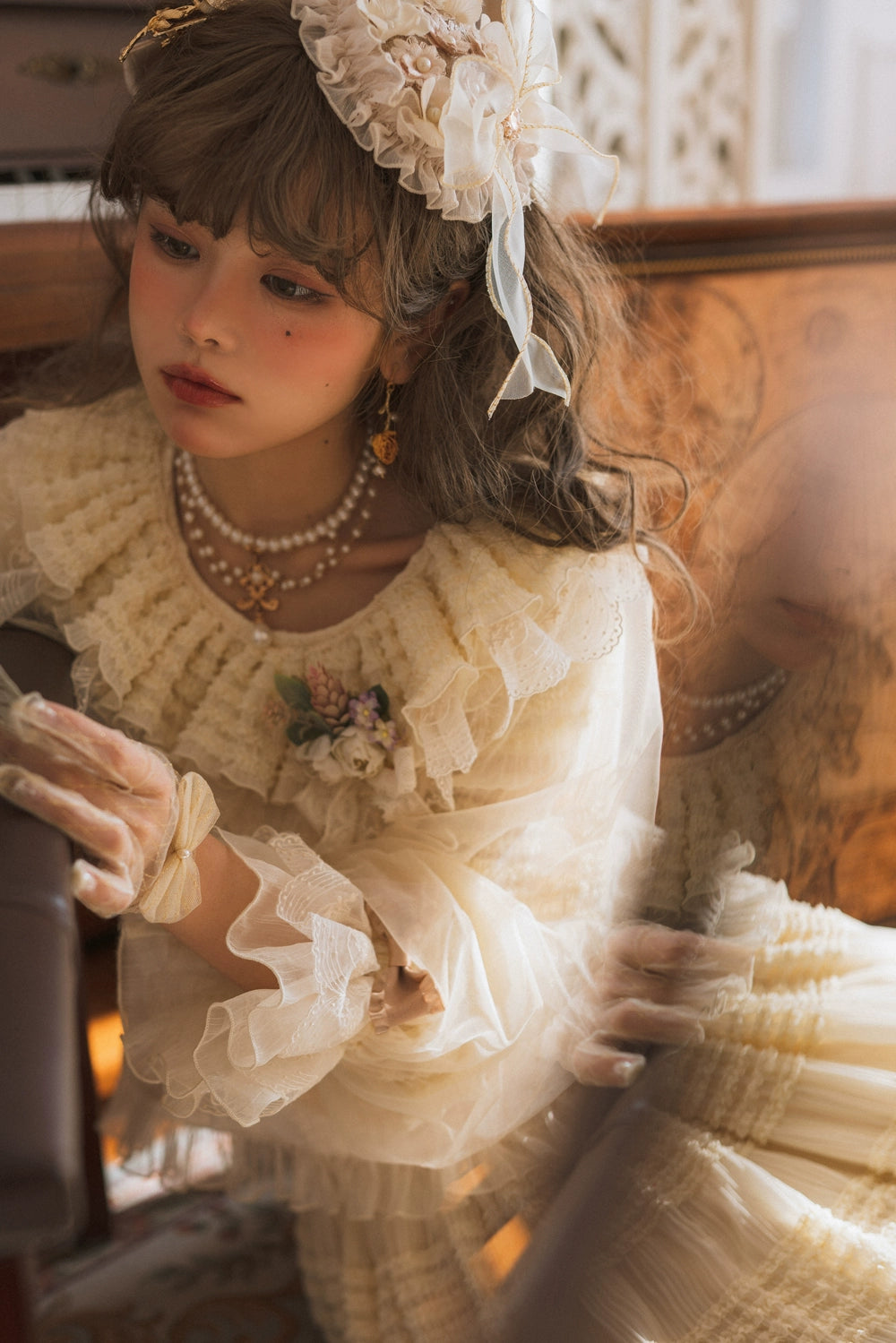 【予約販売】猫の薔薇お茶会 フリル長袖ブラウス