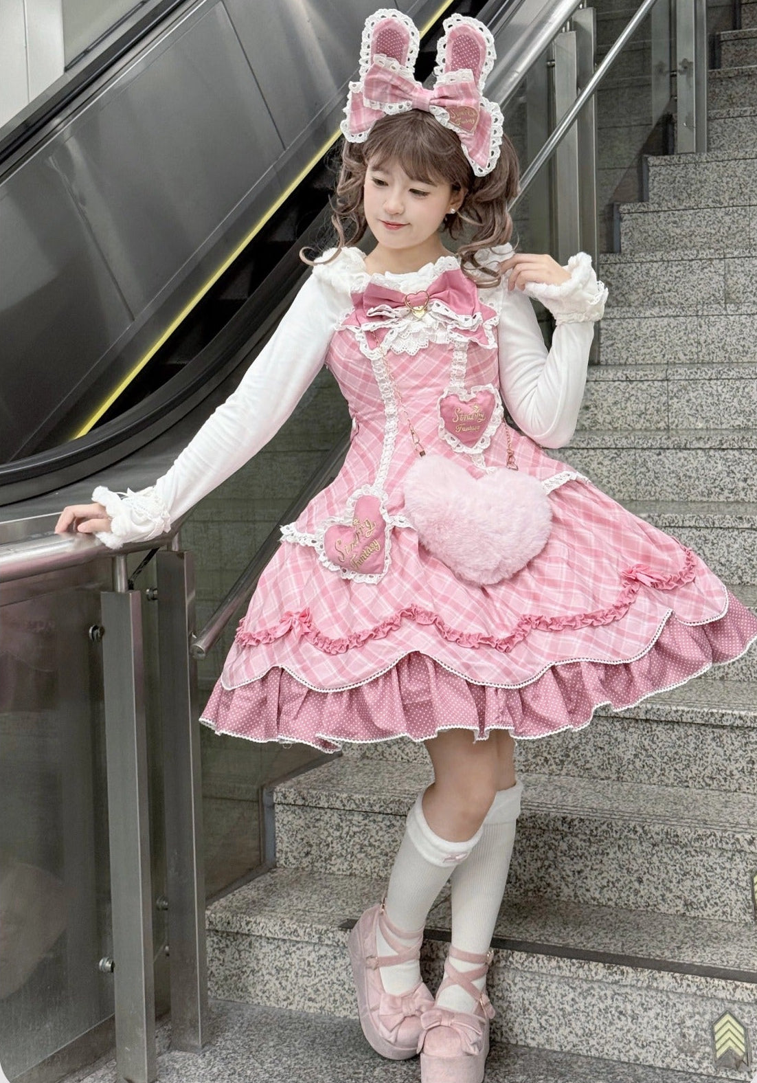 【受注予約11/13まで】Velvet Sweetie Heart チェックのジャンパースカート・ピンク