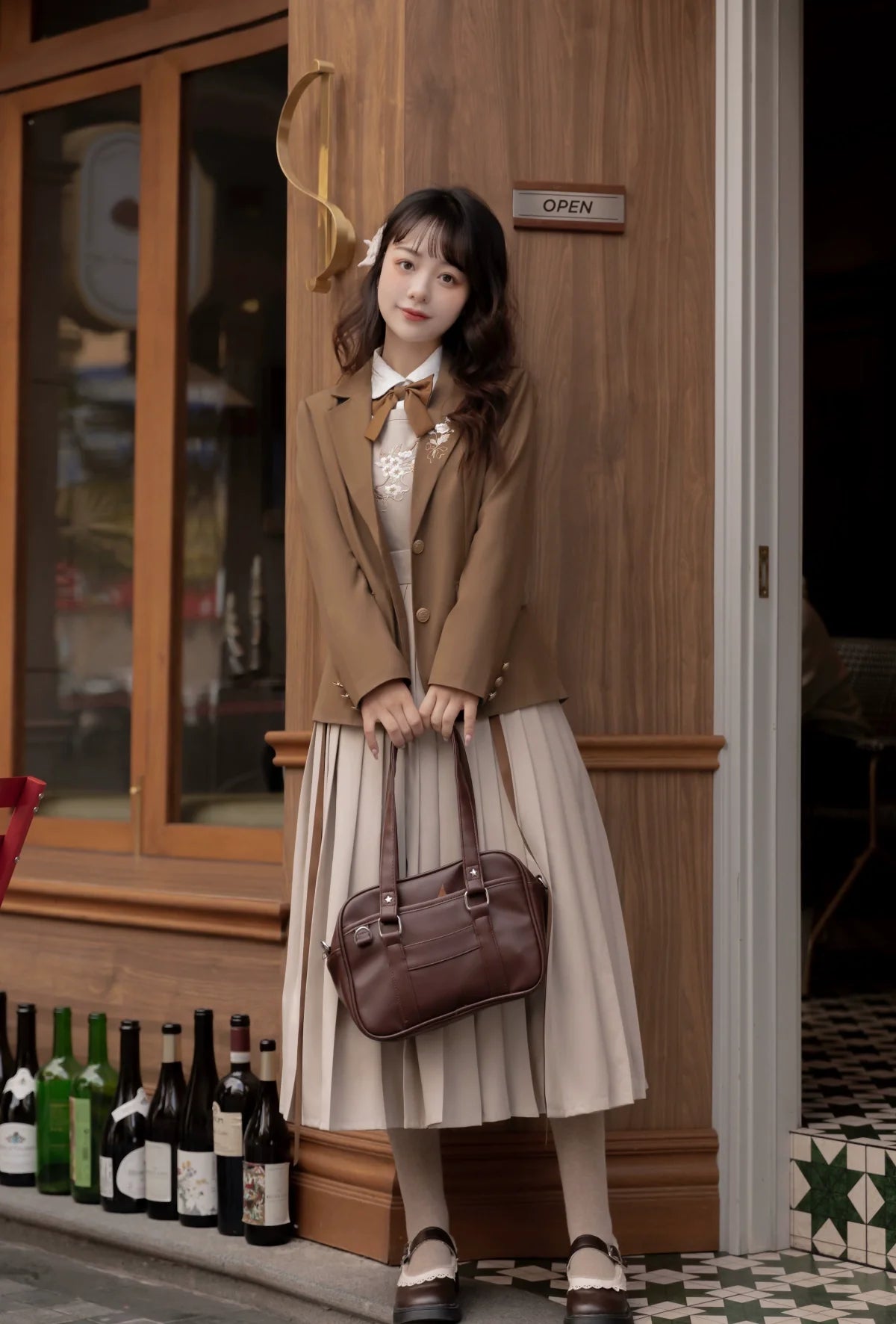 ベゴニア刺繍 制服風セットアップ リボンタイ付