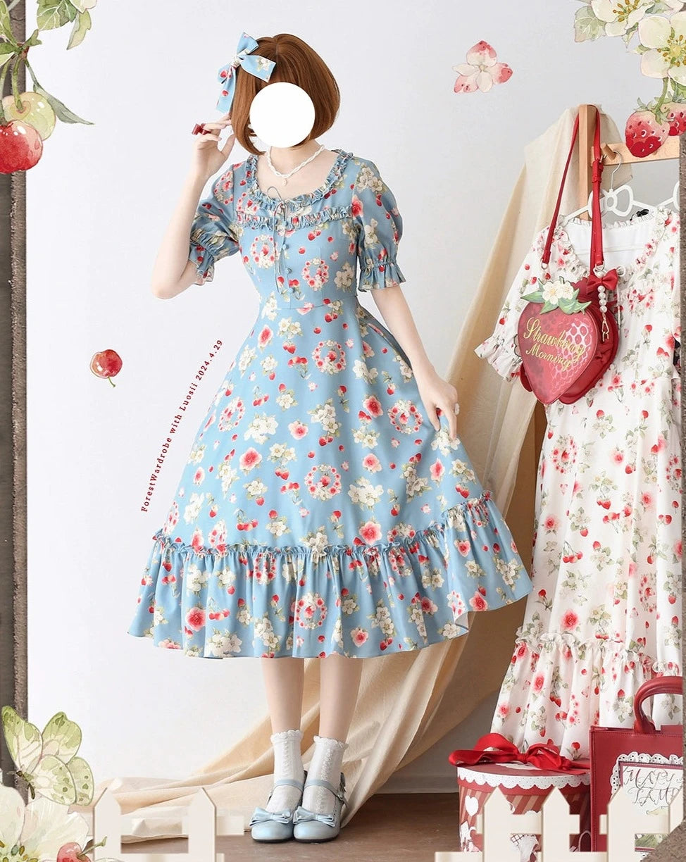 Early Summer Strawberry Picture Book One-Piece Dress with Ribbon Hair Accessory