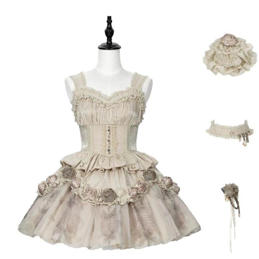 [Sale period ended] Rose Knight III Satin and organdy gothic dress [Champagne]