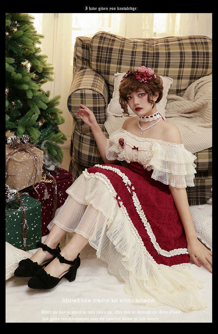 薔薇模様のジャガードフリルレース2wayワンピース 全4色