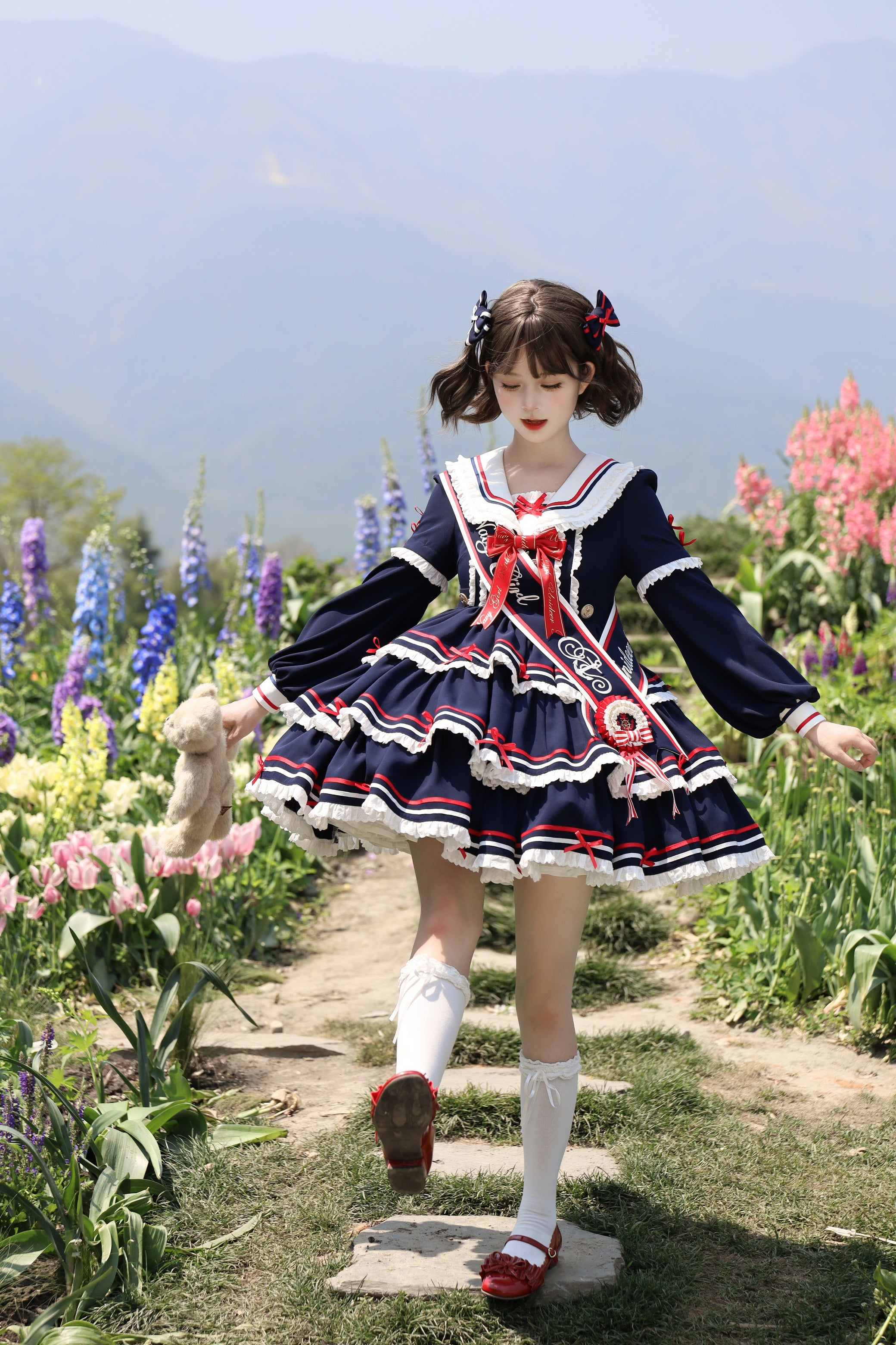 【受注予約4/28まで】セーラー襟と3段フリルの2wayマリンワンピース・ネイビー・ショート丈