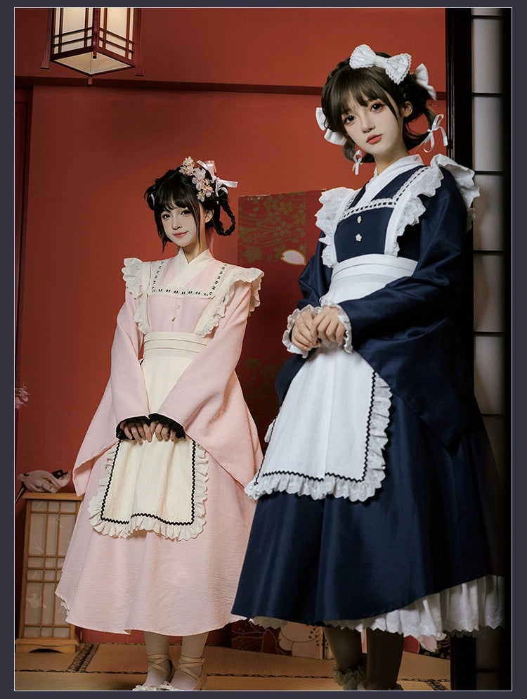 和風メイド ピンクとネイビーの和ロリドレス