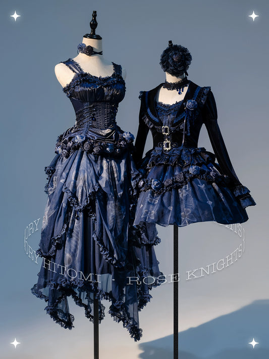 【販売期間終了】Rose Knight III サテンとオーガンジーのゴシックドレス【サファイアブルー】