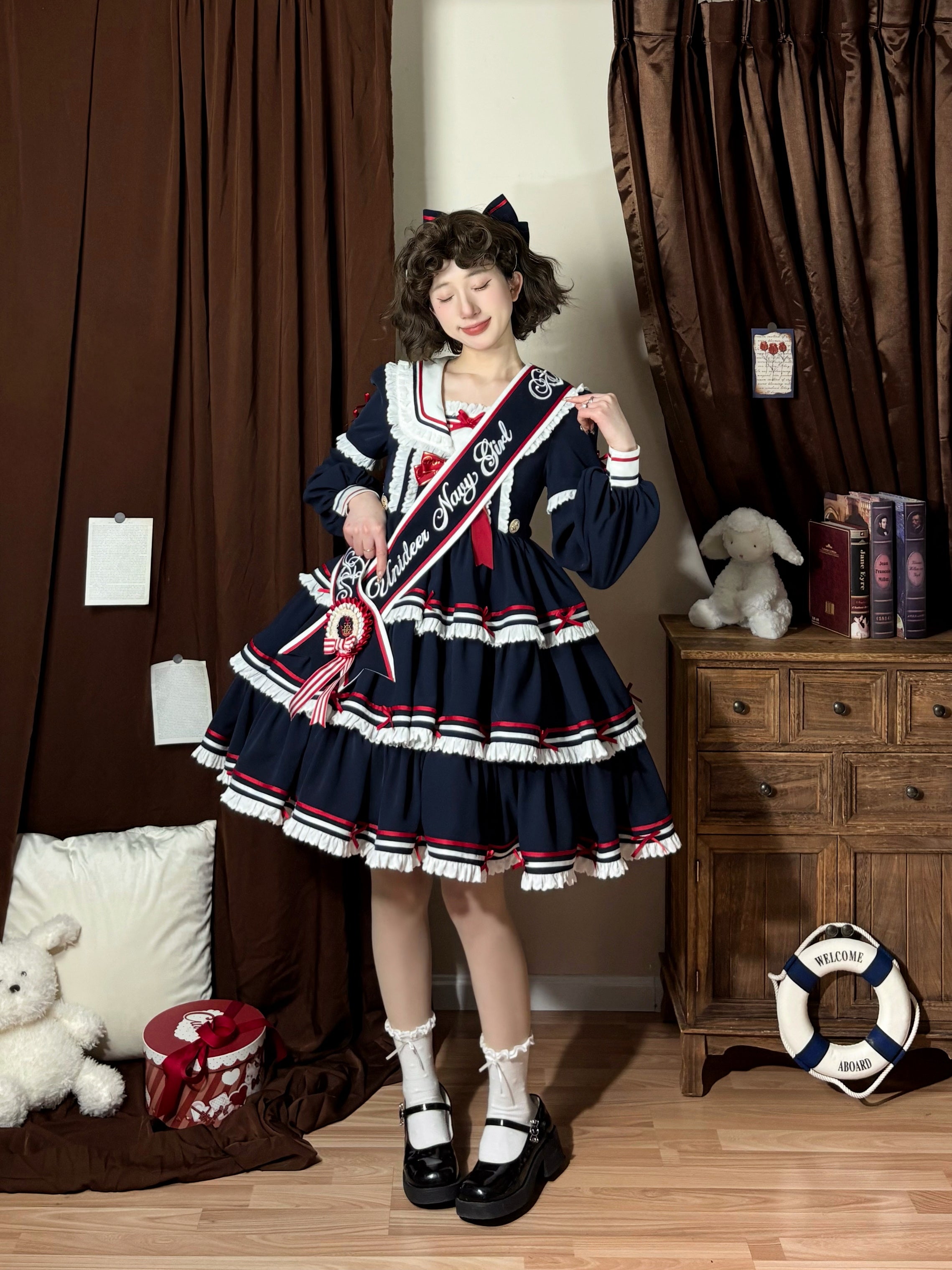 【受注予約4/28まで】セーラー襟と3段フリルの2wayマリンワンピース・ネイビー・ミドル丈