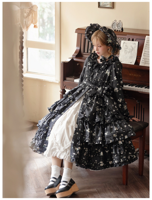 Fragments of Flowers Long Sleeve Tiered Dress - Black
