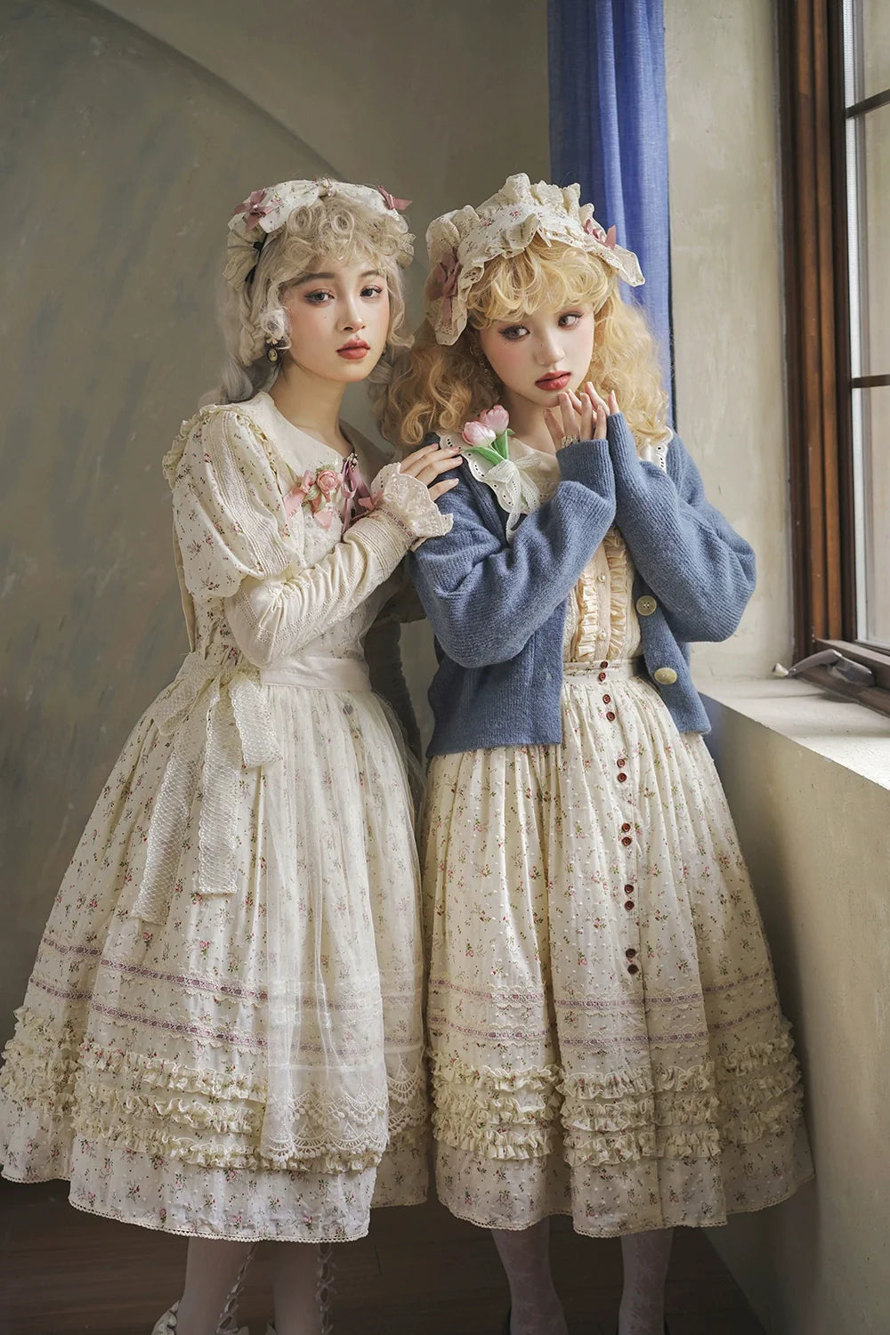 【予約販売】Pink Flower 小花模様のボタン付コットンスカート