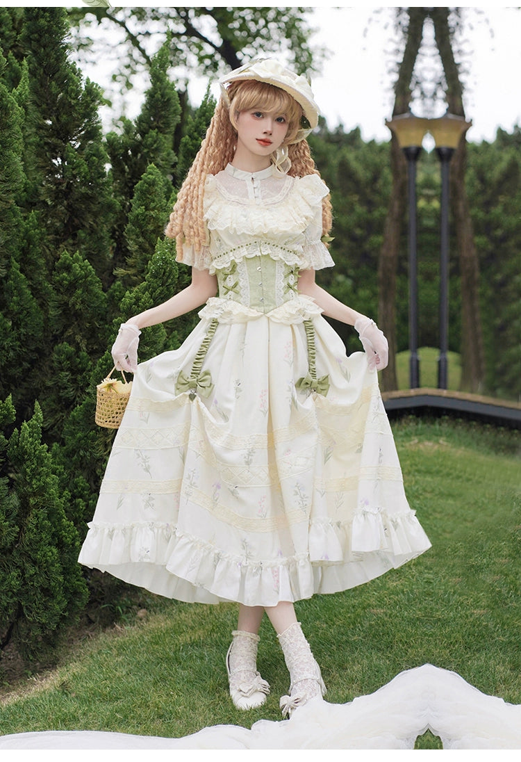 Flower print classical dress and corset