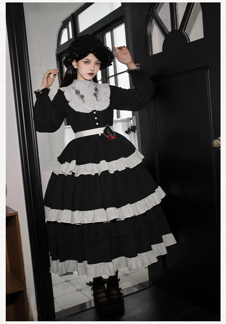 Monochrome Night Rose Embroidered Dress and Apron