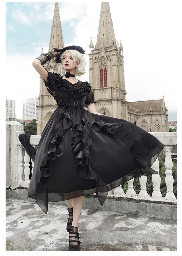Floating Song Irregular ruffle V-neck dress