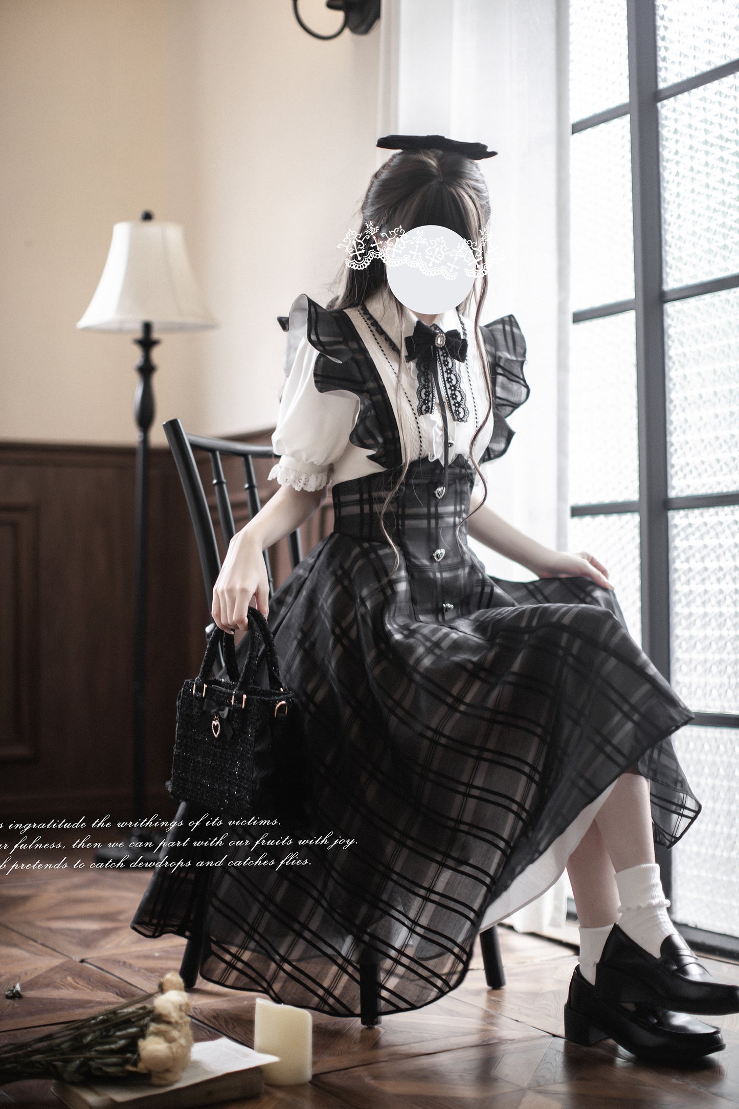 Monochrome Heart チェック柄ジャンパースカートセット・ロング丈