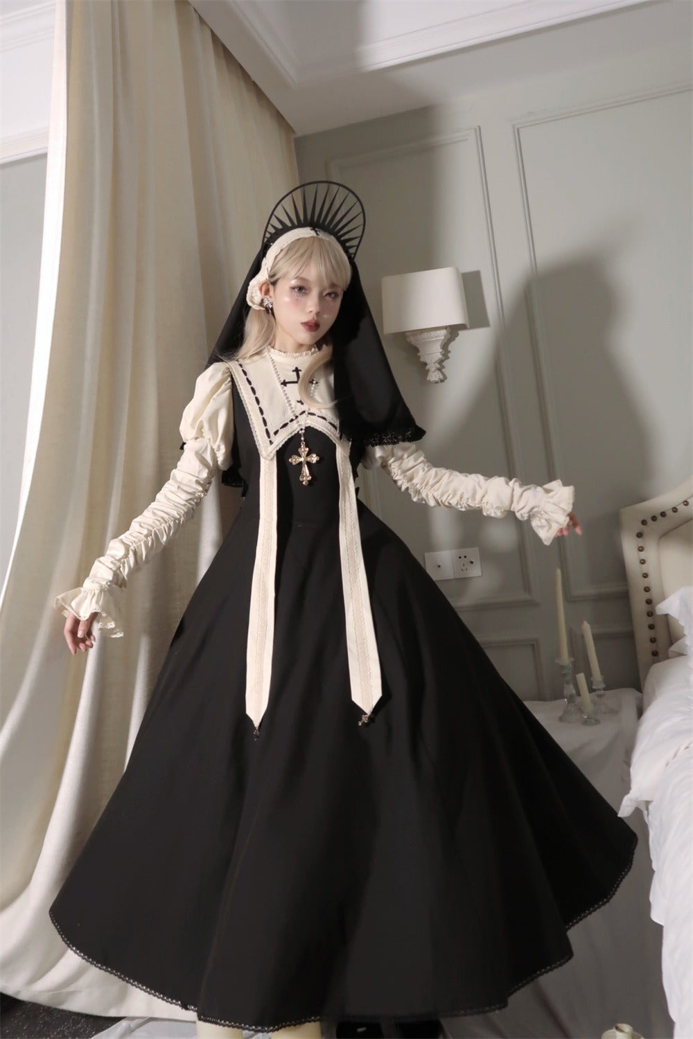 [Resale/Pre-orders until 10/16] Pray on a Moonlight Night Dress, Black x Off-White, Long Length