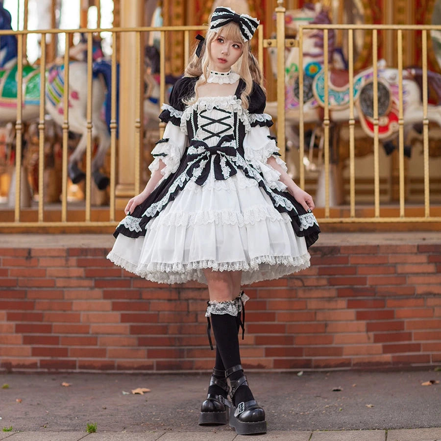 Vintage Lolita style ribbon dress with detachable sleeves