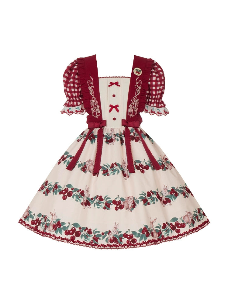 Midsummer Orchard Cherry and Rabbit Short Sleeve Dress