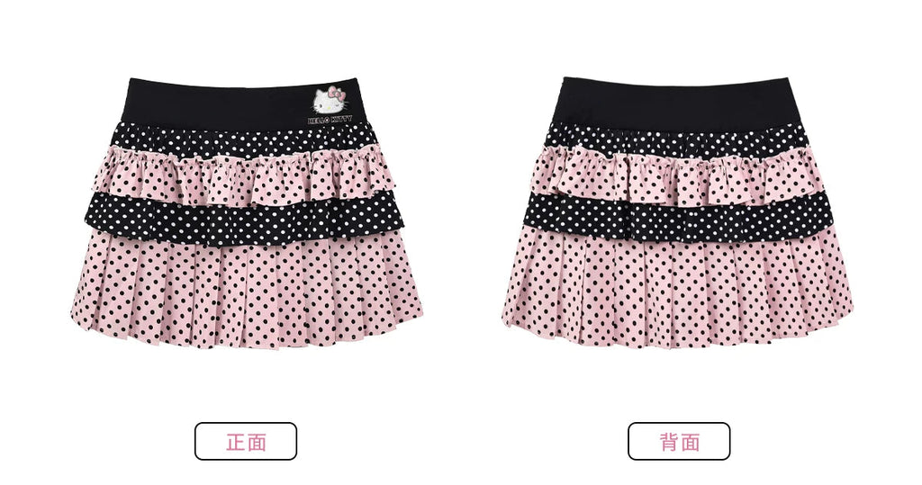 サンリオ キティ リボンタイ付 半袖シャツとドット柄スカートのセットアップ
