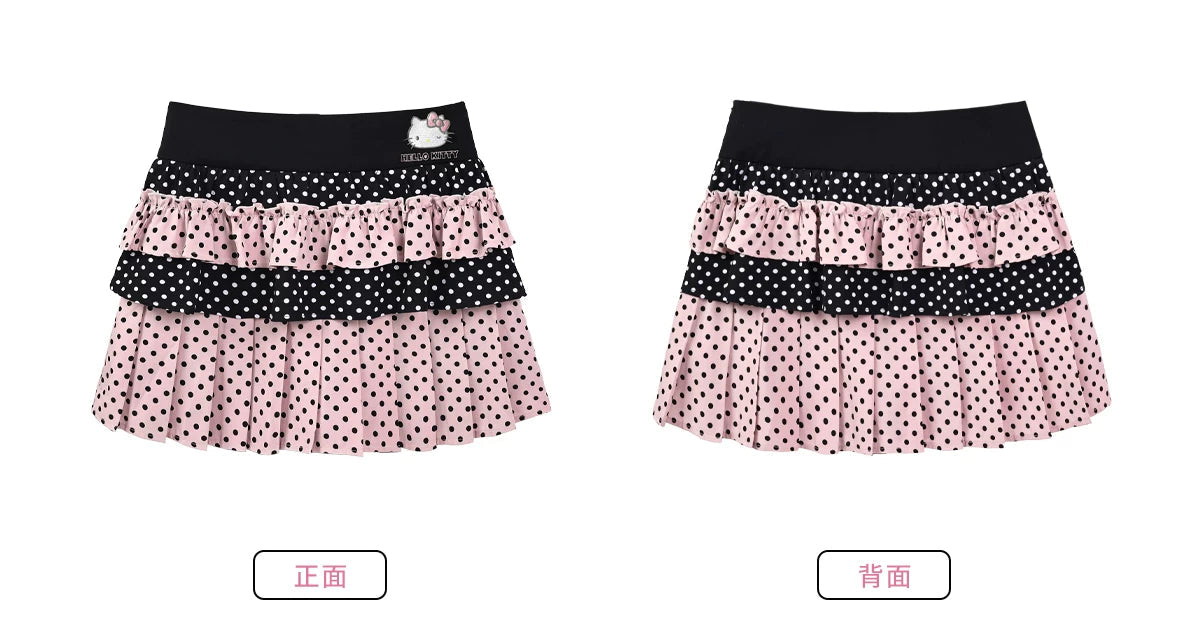 サンリオ キティ リボンタイ付 半袖シャツとドット柄スカートのセットアップ