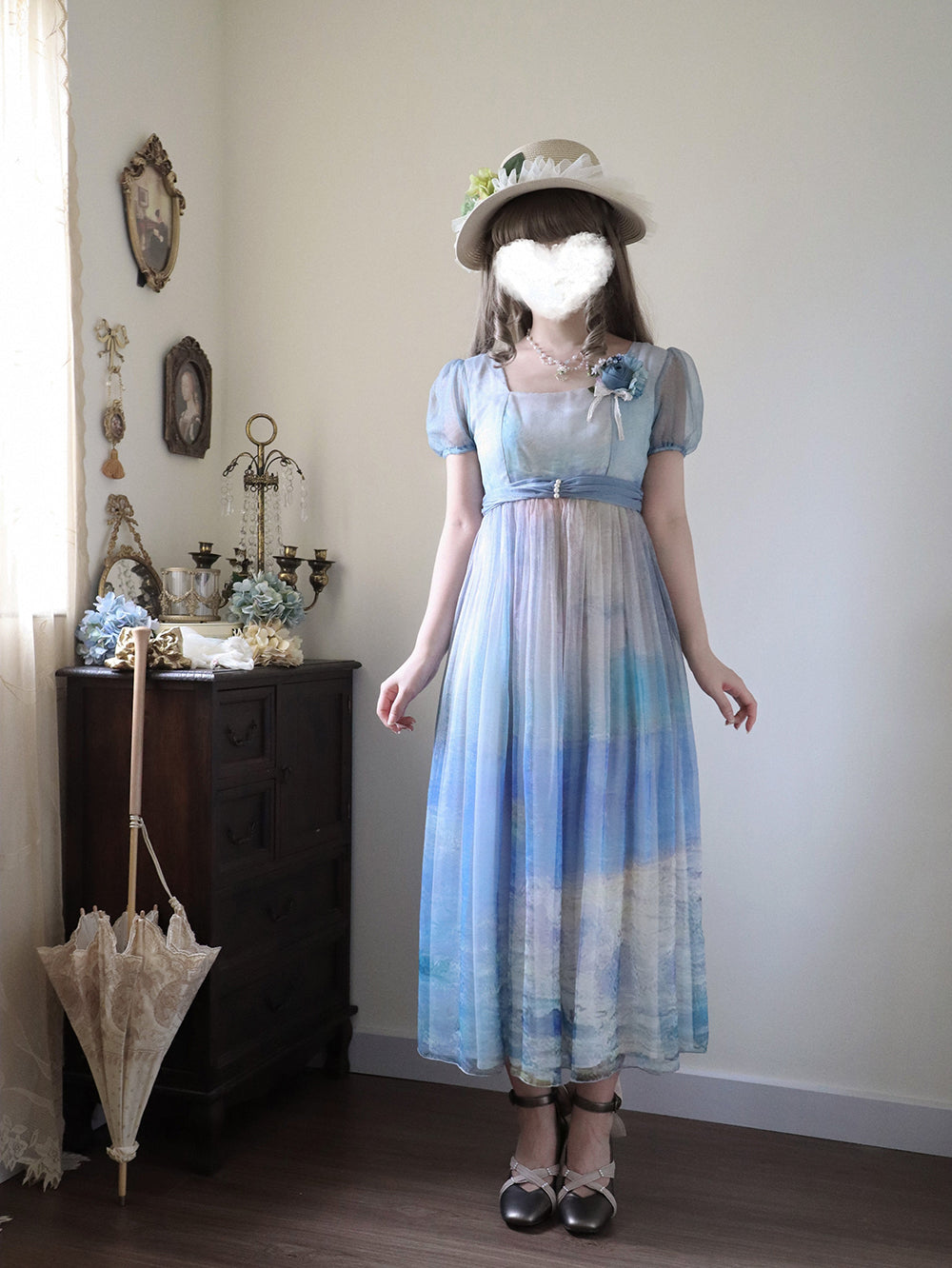 【予約販売】Elegance Greek 油彩画風プリントエンパイアワンピース・新色