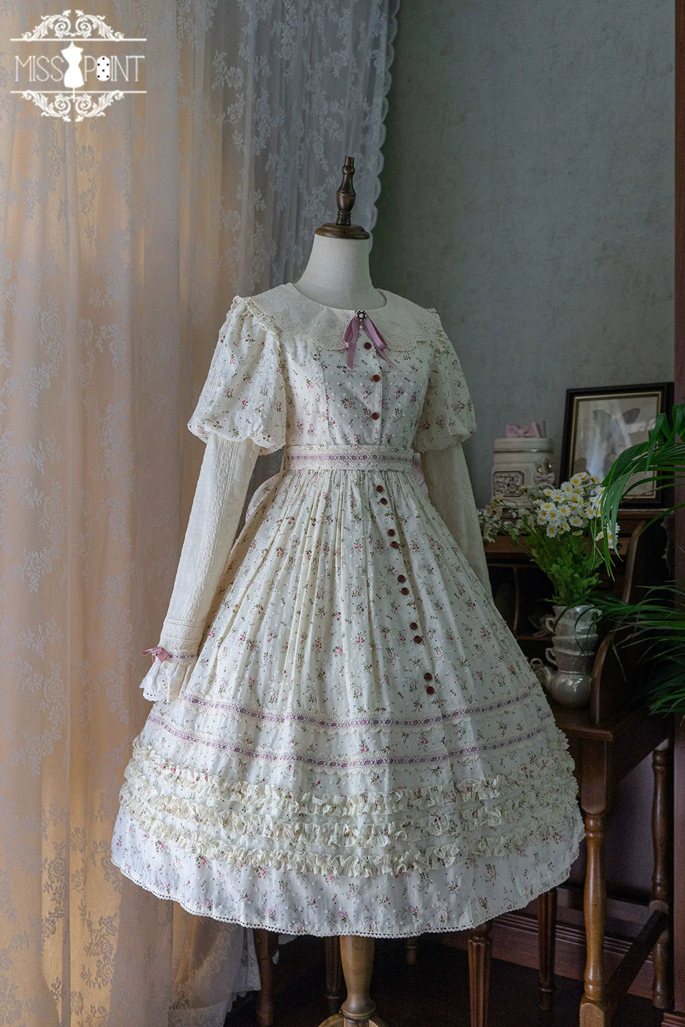 【予約販売】Pink Flower 小花模様のボタン付コットンワンピース