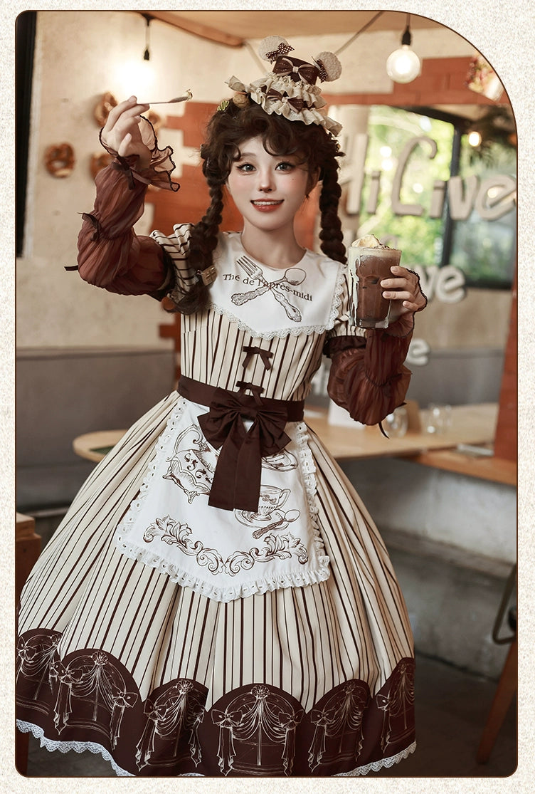 Afternoon tea striped short sleeve dress with arm sleeves and apron