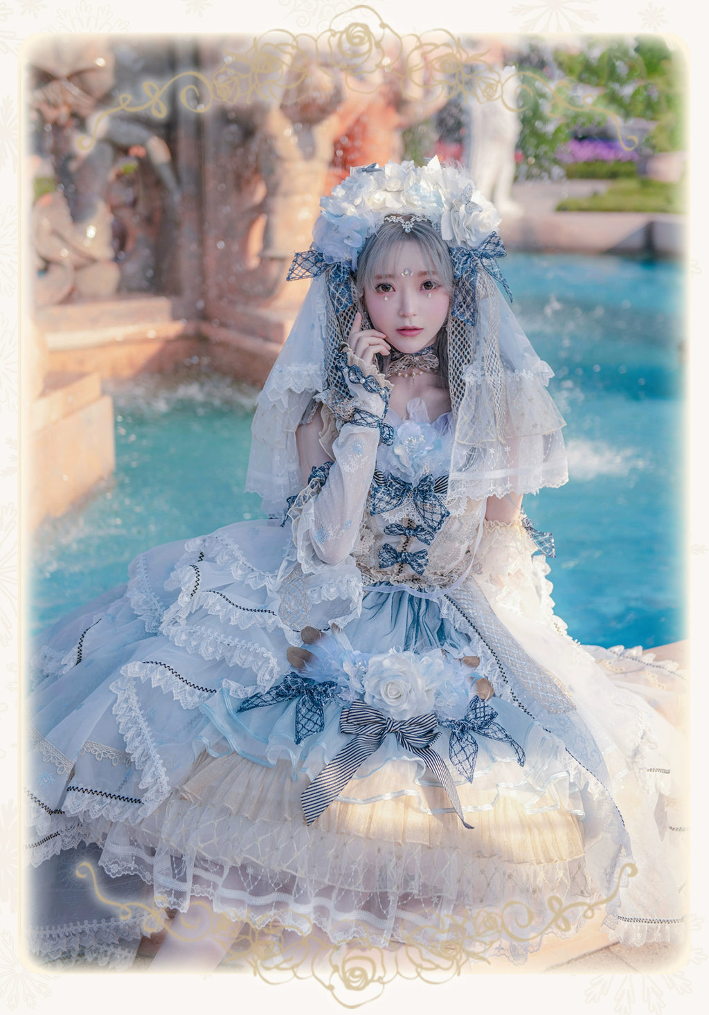 【受注予約8/13まで】Snow Rose Princess トレーン付きドレス・パステルブルー