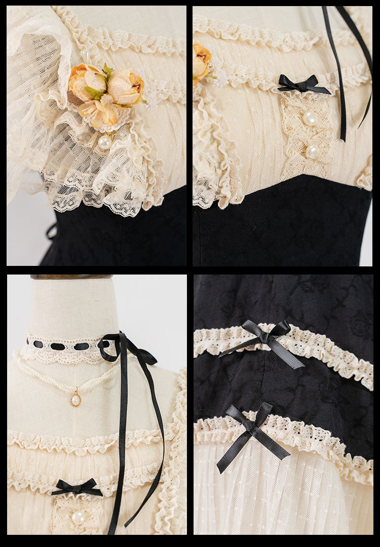 薔薇模様のジャガードフリルレース2wayワンピース 全4色