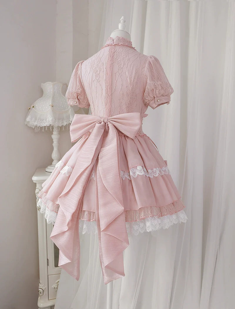 Baby Pink クロスリボンのコルセット風半袖ワンピース – ロリータ Baby Pink クロスリボンのコルセット風半袖ワンピース – ロリータ
