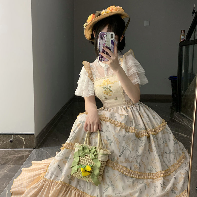 真夏のイエローギンガムチェック チェリー柄ジャンパースカート