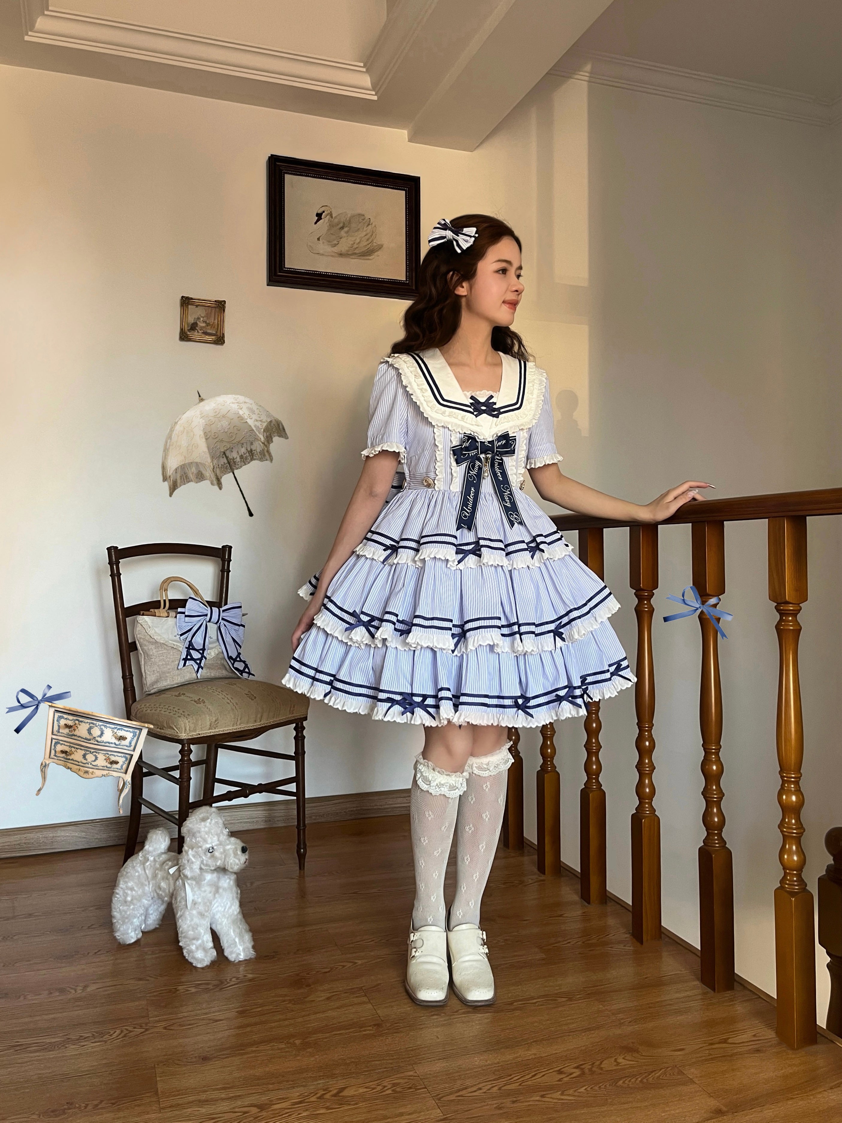 【受注予約4/28まで】セーラー襟と3段フリルの2wayマリンワンピース・ストライプ・ショート丈