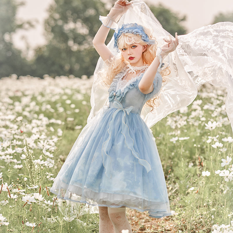 Moon butterfly sheer short sleeve dress with choker