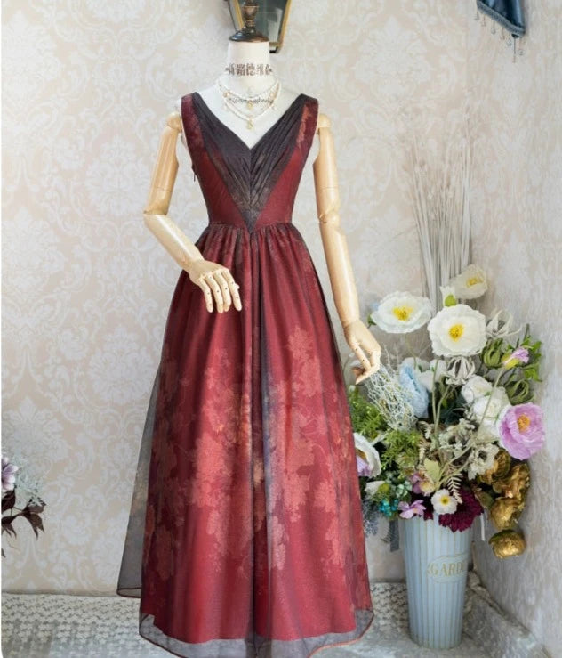 Porcelain Flower Garden 油彩画のロング丈ジャンパースカート