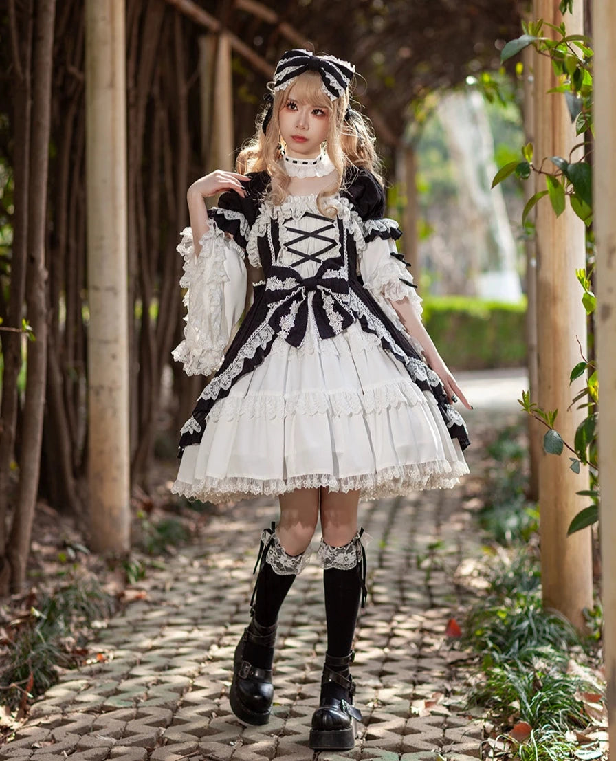 Vintage Lolita style ribbon dress with detachable sleeves