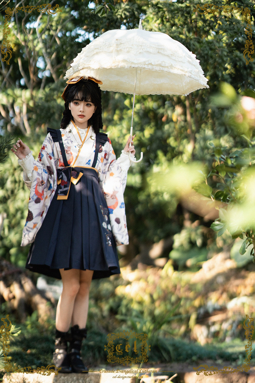 Temari embroidered hakama-style suspender skirt
