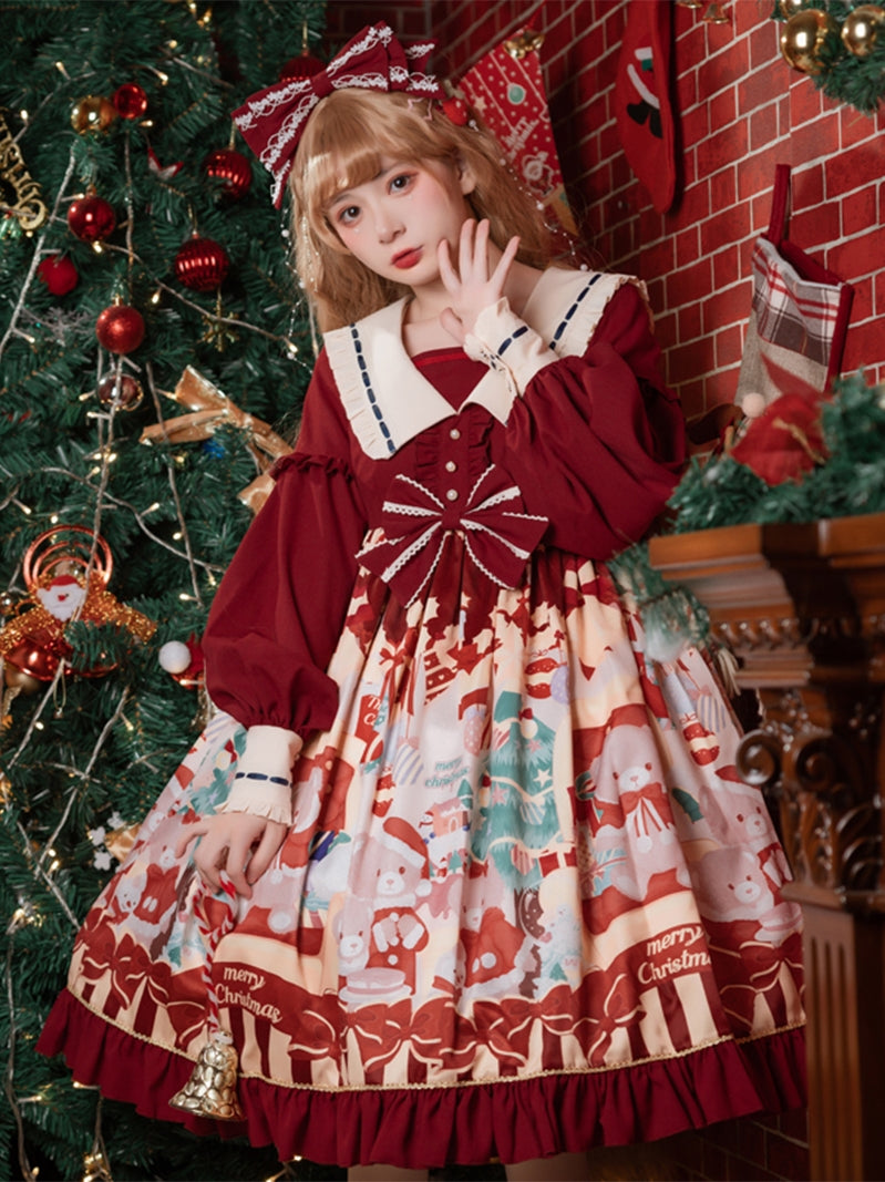 サンタベアープリント クリスマスカラーのロリータドレス