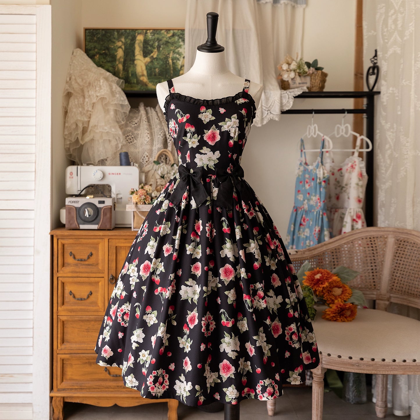 Early Summer Strawberry Picture Book Jumper Skirt with Ribbon Hair Accessory