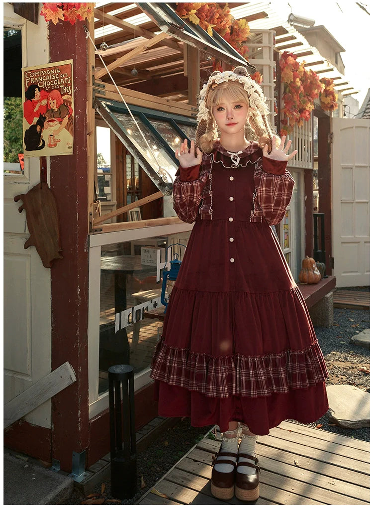 Red check and velvet layered dress