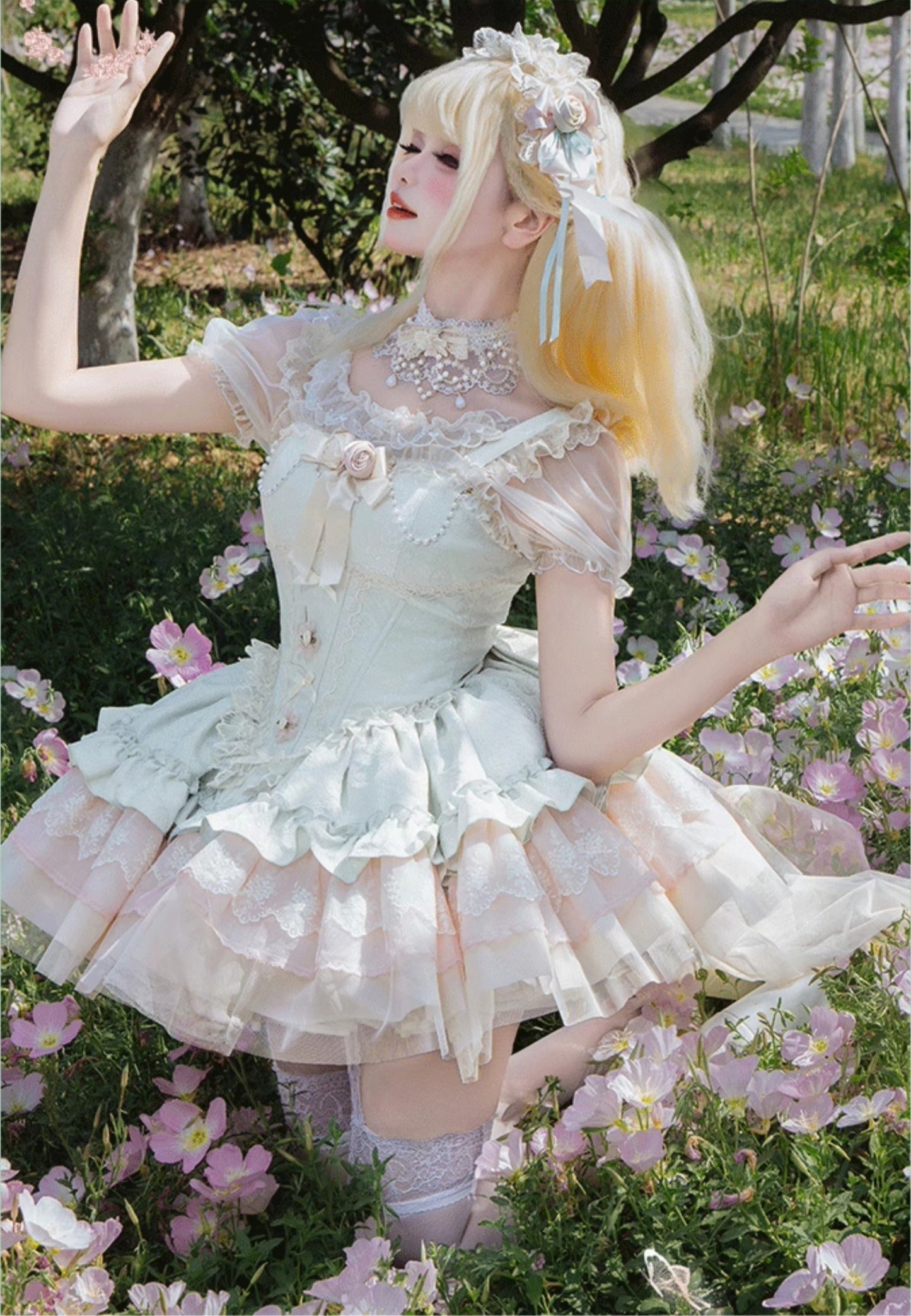 バラとリボンのバレエ風ジャンパースカート 全4色