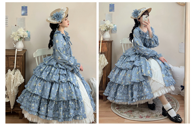 Fragments of Flowers Long Sleeve Tiered Dress - Sax