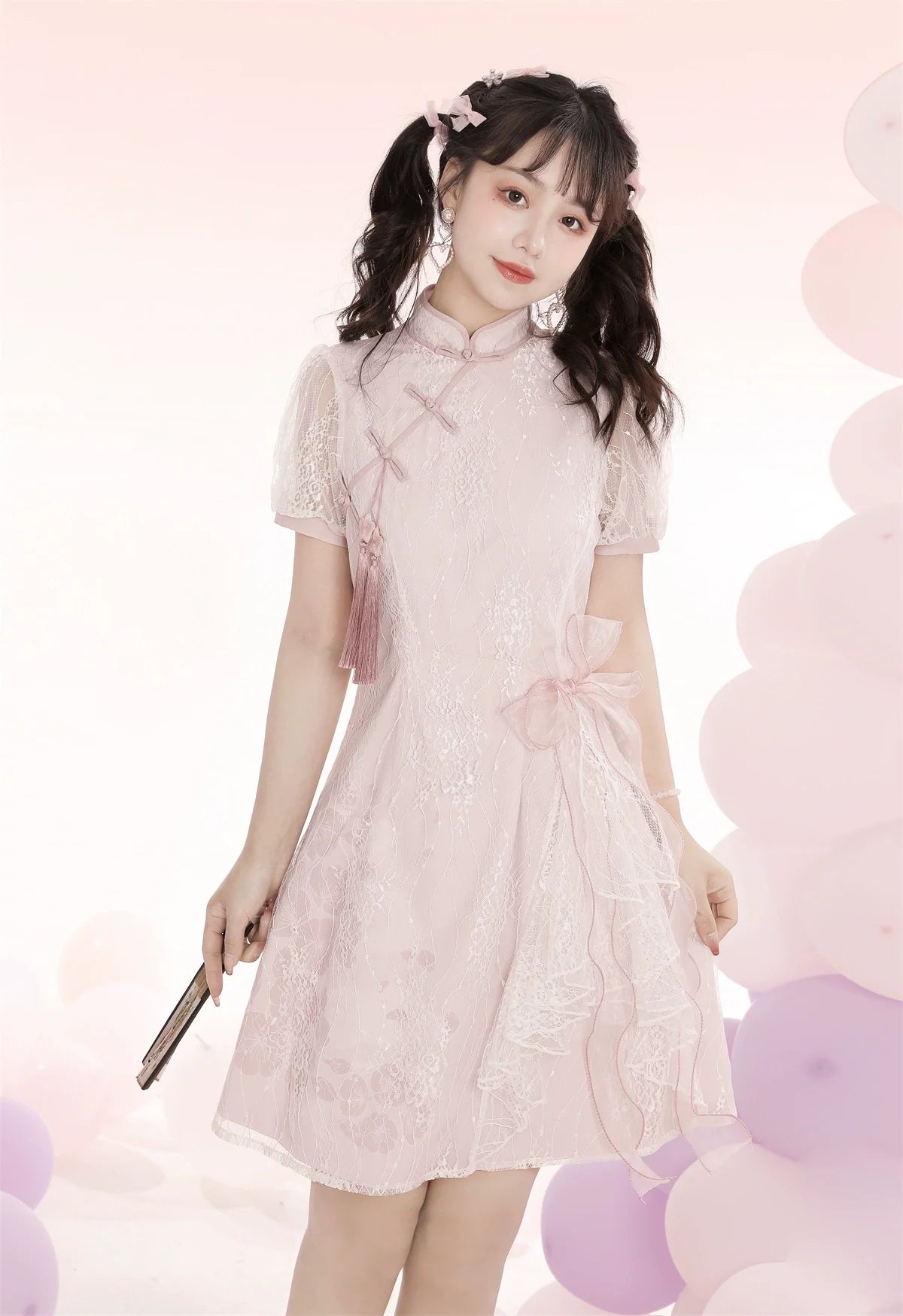 Peach Blossom pink ribbon cheongsam dress