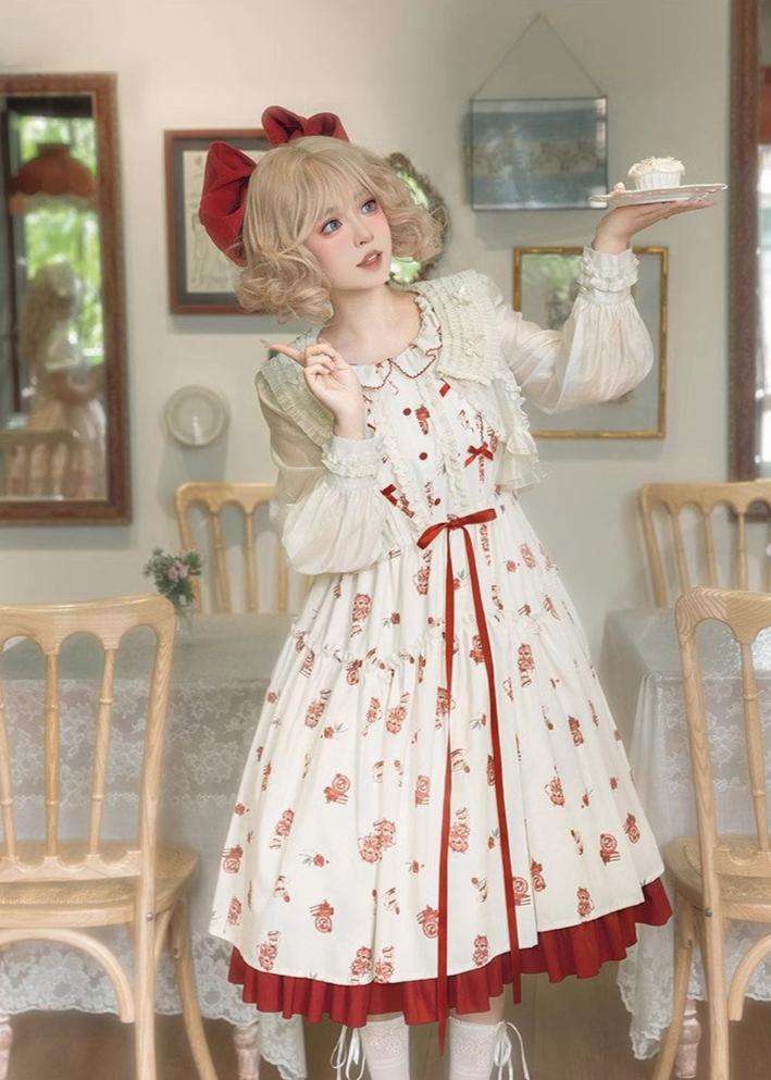 Rose Garden Red and White Flare Sleeve Dress