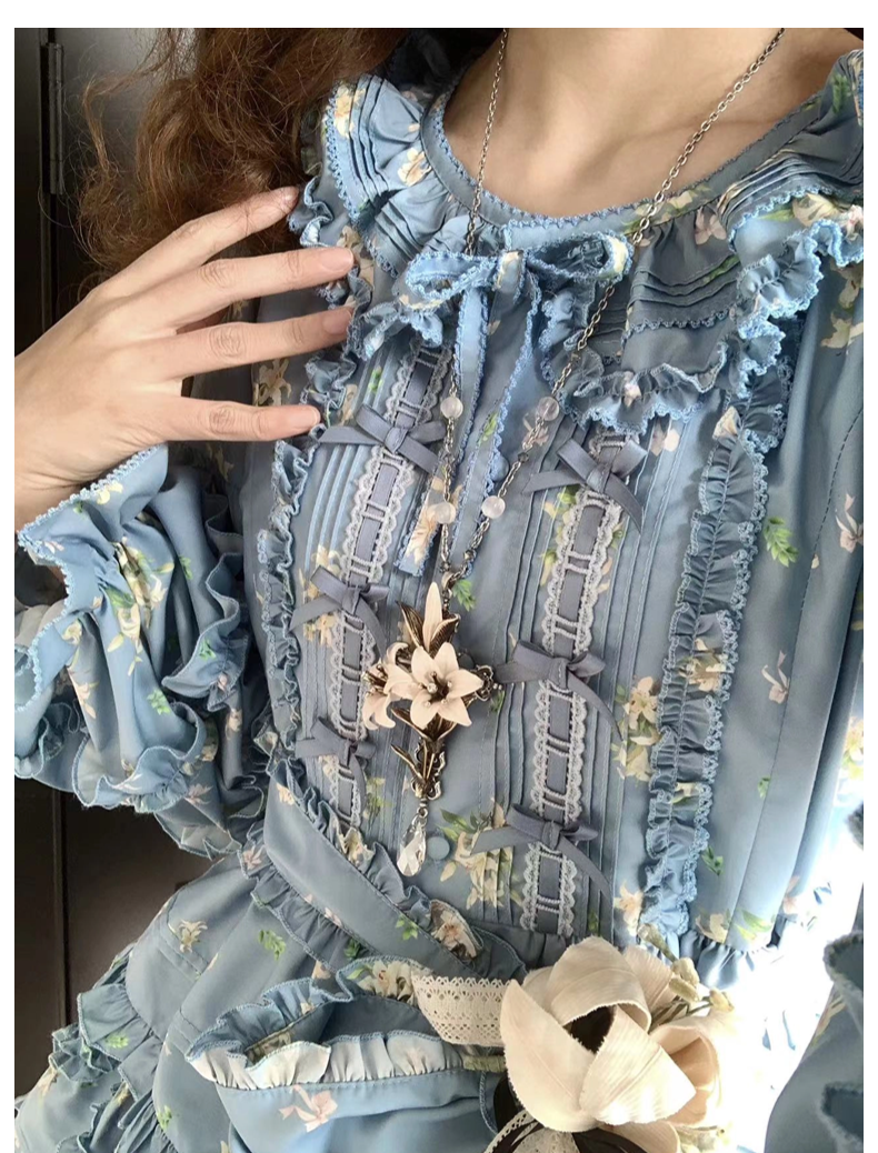 Fragments of Flowers Long Sleeve Tiered Dress - Sax