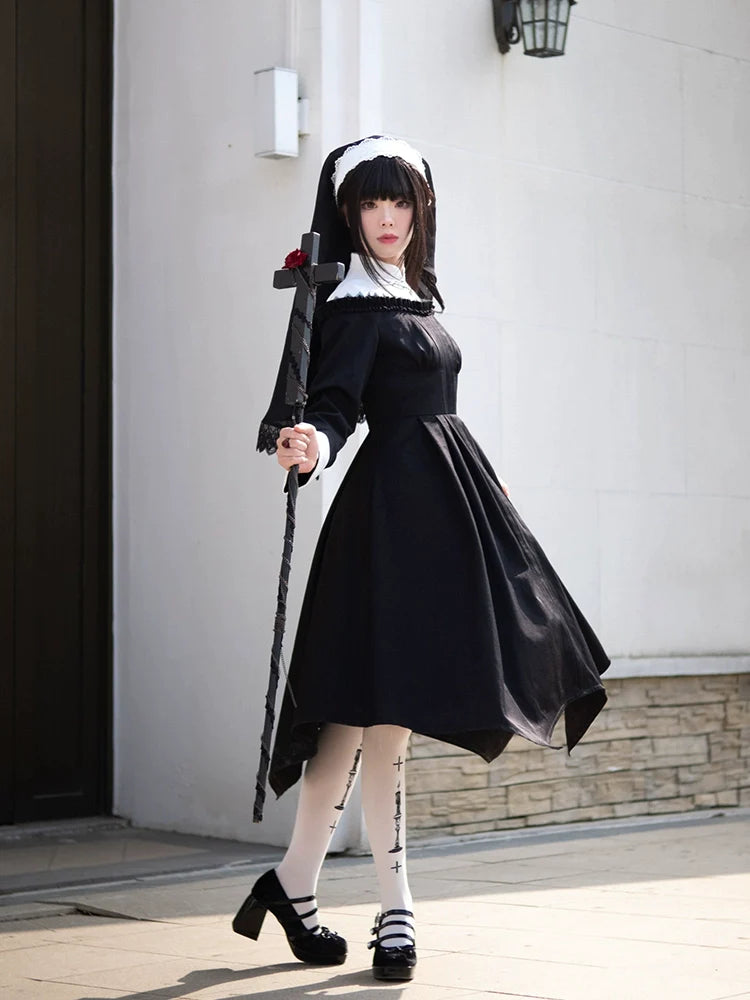 Nun style stand up collar gothic dress
