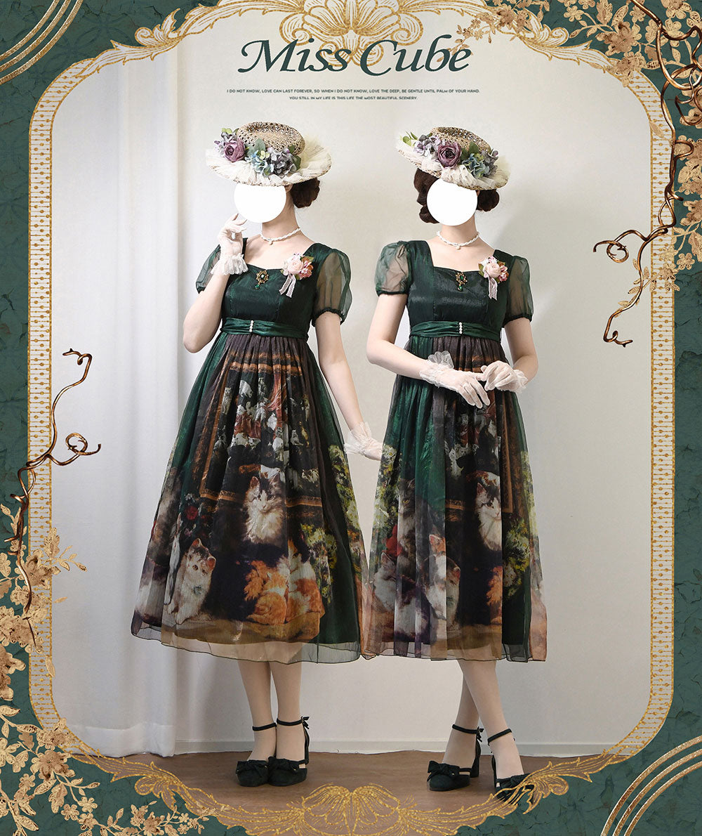 【予約販売】Elegance Greek 油彩画風プリントエンパイアワンピース・新色